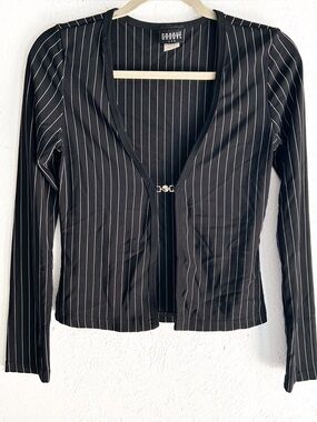 Vintage Y2K Groove Pinstripe Hook Front Long Sleeve Top Black medium